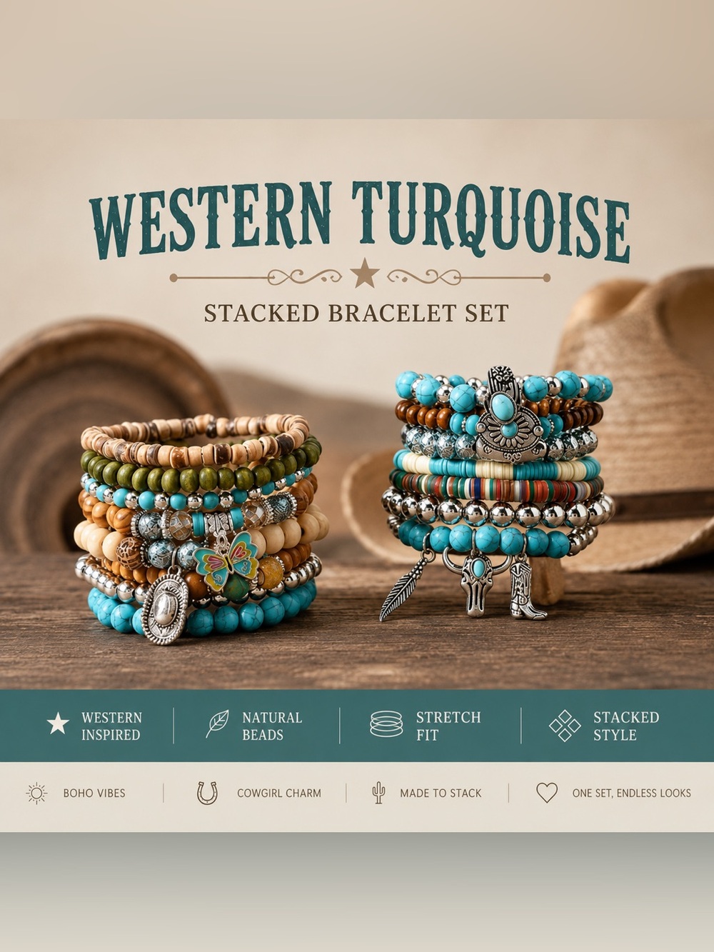 Western Turquoise Stacked Bracelet Set - Boho Turquoise & Brown